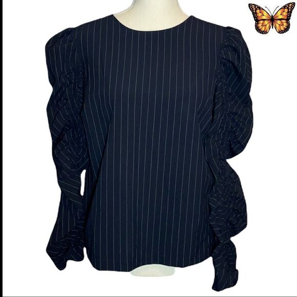 ZARA Woman Pinstripe Ruched Long Sleeve Top Size Extra Small - Picture 2 of 11